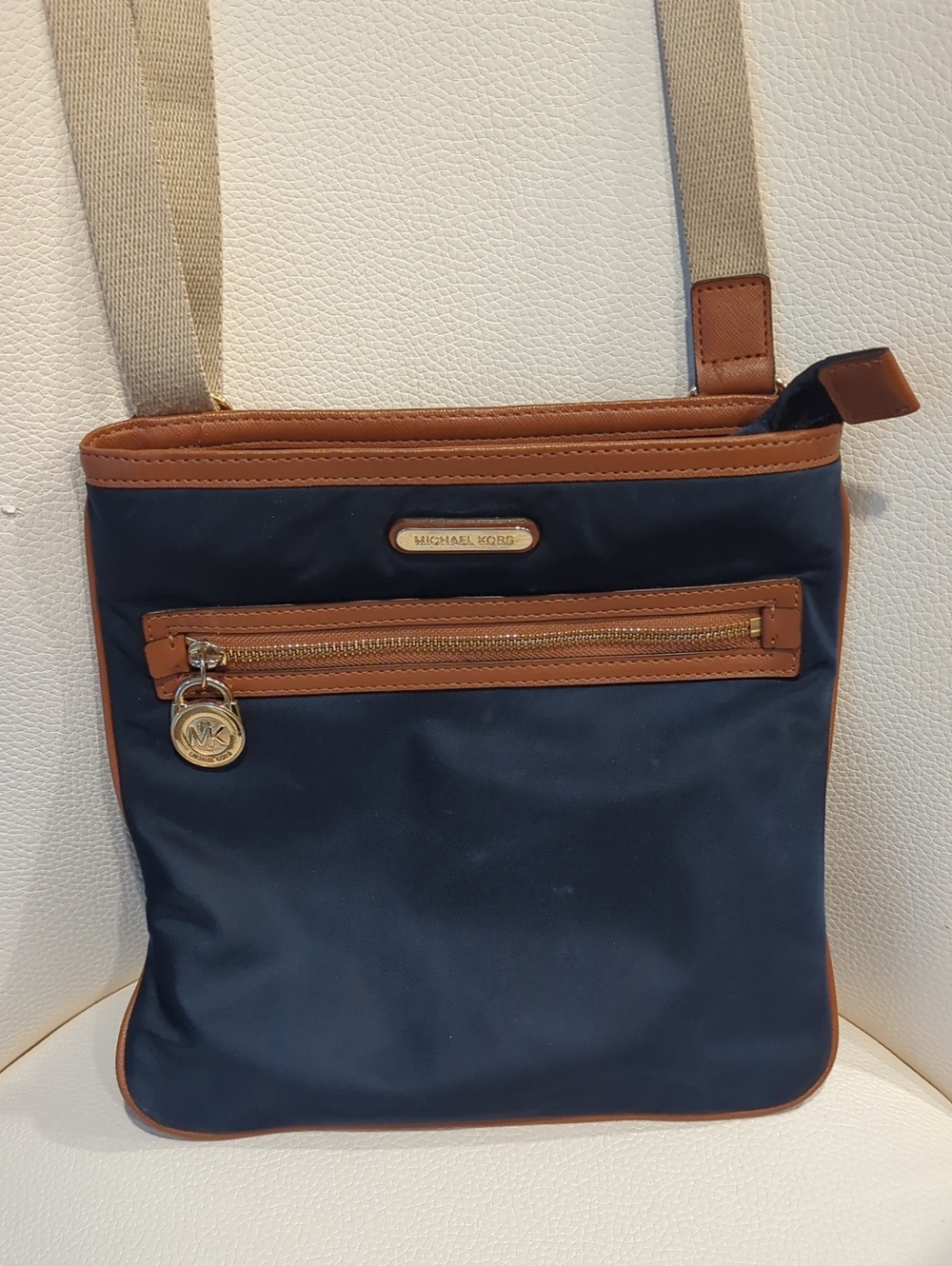 Michael Kors Navy and Brown Leather-Trim Crossbody